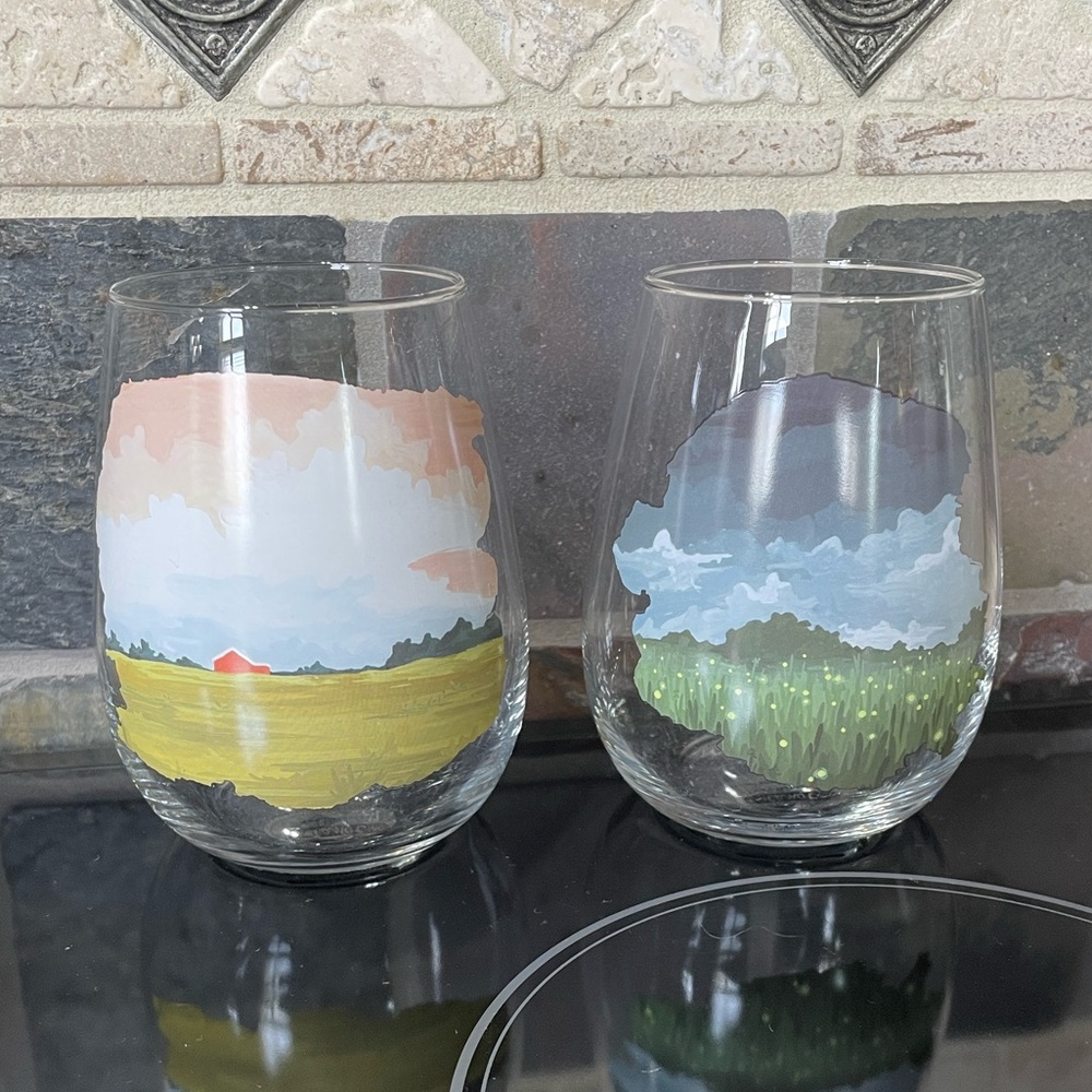 New Scenic Design Stemless Wine Glasses set of two by One Canoe Two